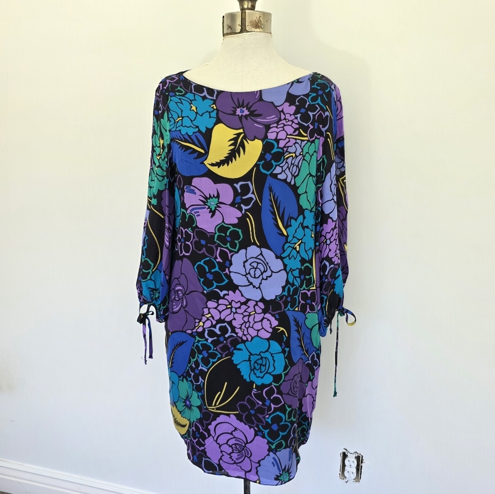 100% Silk Alice And Trixie Floral Split Long Sleeve Size M NWOT